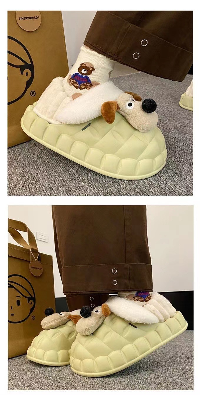 Pantofole da donna impermeabili con motivo a cane dei cartoni animati, antiscivolo, fondo spesso, calde e morbide, graziose scarpe di cotone per la casa e_voghion.com