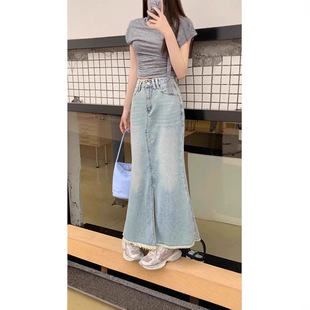 Women's plus size Women's Split Rust Denim Skirt Women's Summer New High Waist Retro A- line Fishtail Skirt