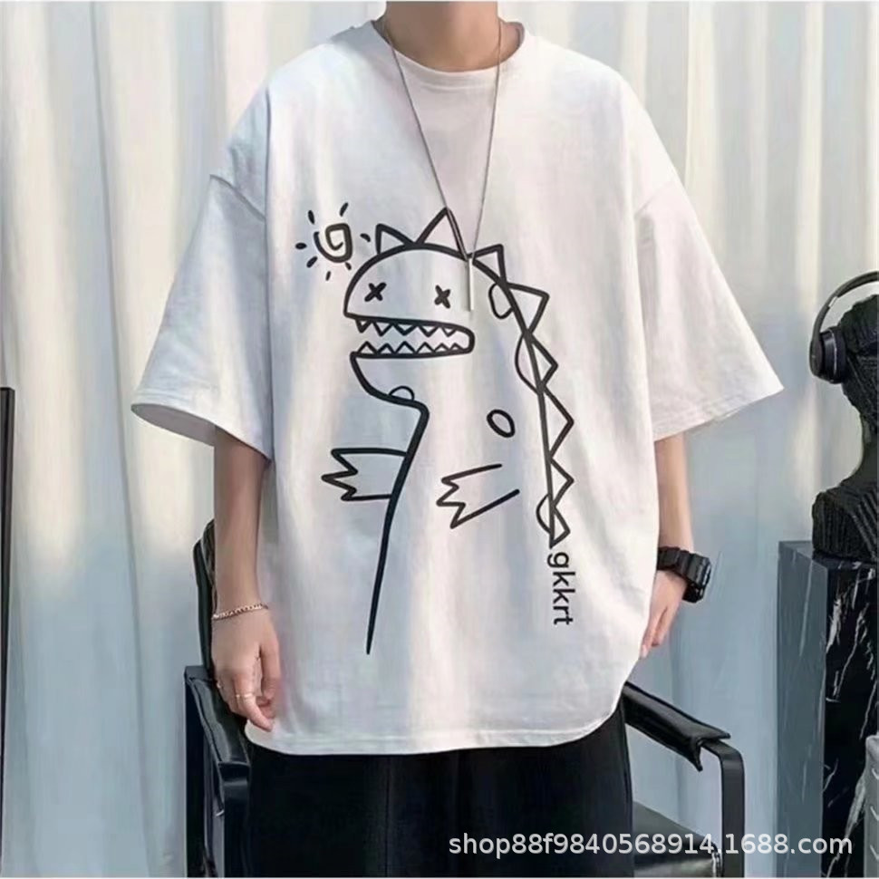 Nuevo dinosaurio Camiseta de manga corta de los hombres ins marca de moda Primavera suelta High Street camiseta moda todo-Partido pareja ropa de media manga