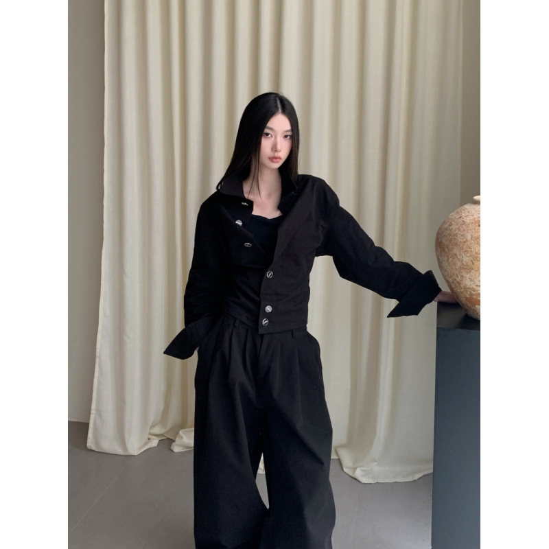 GraceChic GraceChic Autumn Hepburn Style "Urban Elite" Crisp Texture Waist-Cinching Short Shirt And Pleated Wide-Leg Straight Pants Set_voghion.com