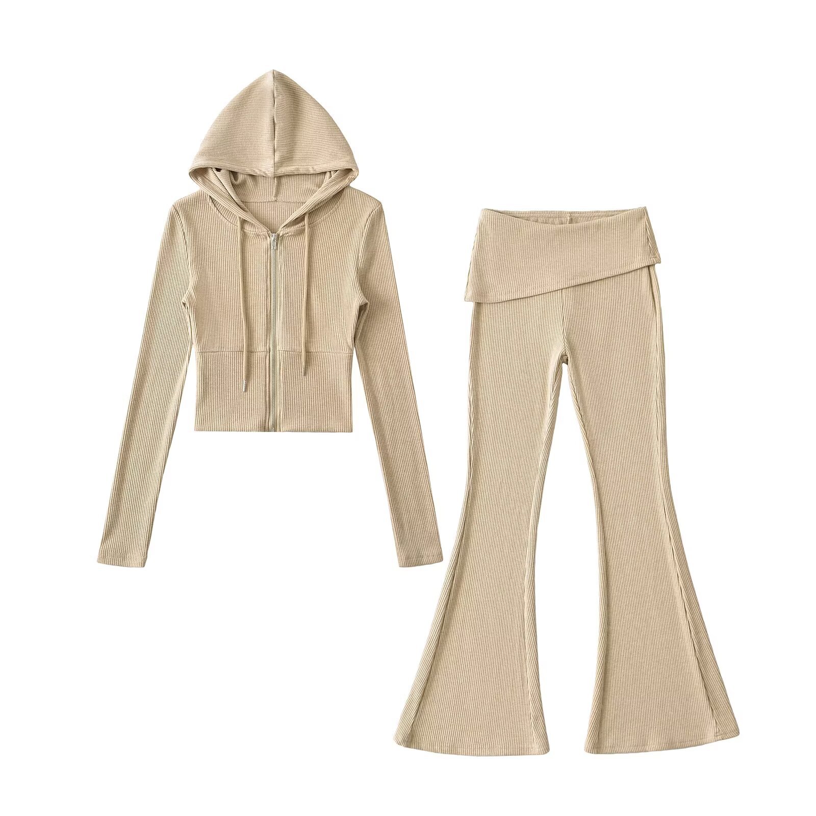 2024 autumn and winter fashion slim flared pants waist slim hooded top women's fashion casual European and American style suit