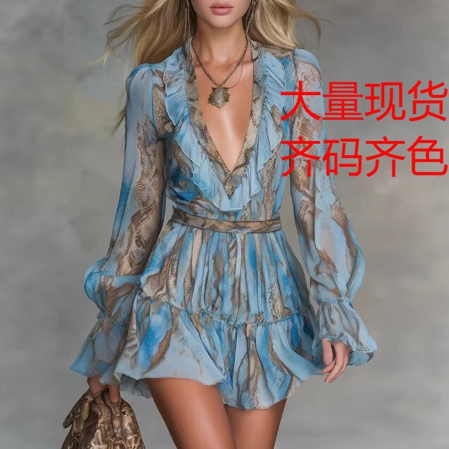 Cross-Border European and American Foreign Trade Snake Print Dress with V-Neck, Long Sleeves, Ruffles, Slim Fit, Waist-Cinching, Bohemian Style Cross-Border European and American Foreign Trade Snake Print Dress with V-Neck, Long Sleeves, Ruffles, Slim Fit, Waist-Cinching, Bohemian Style