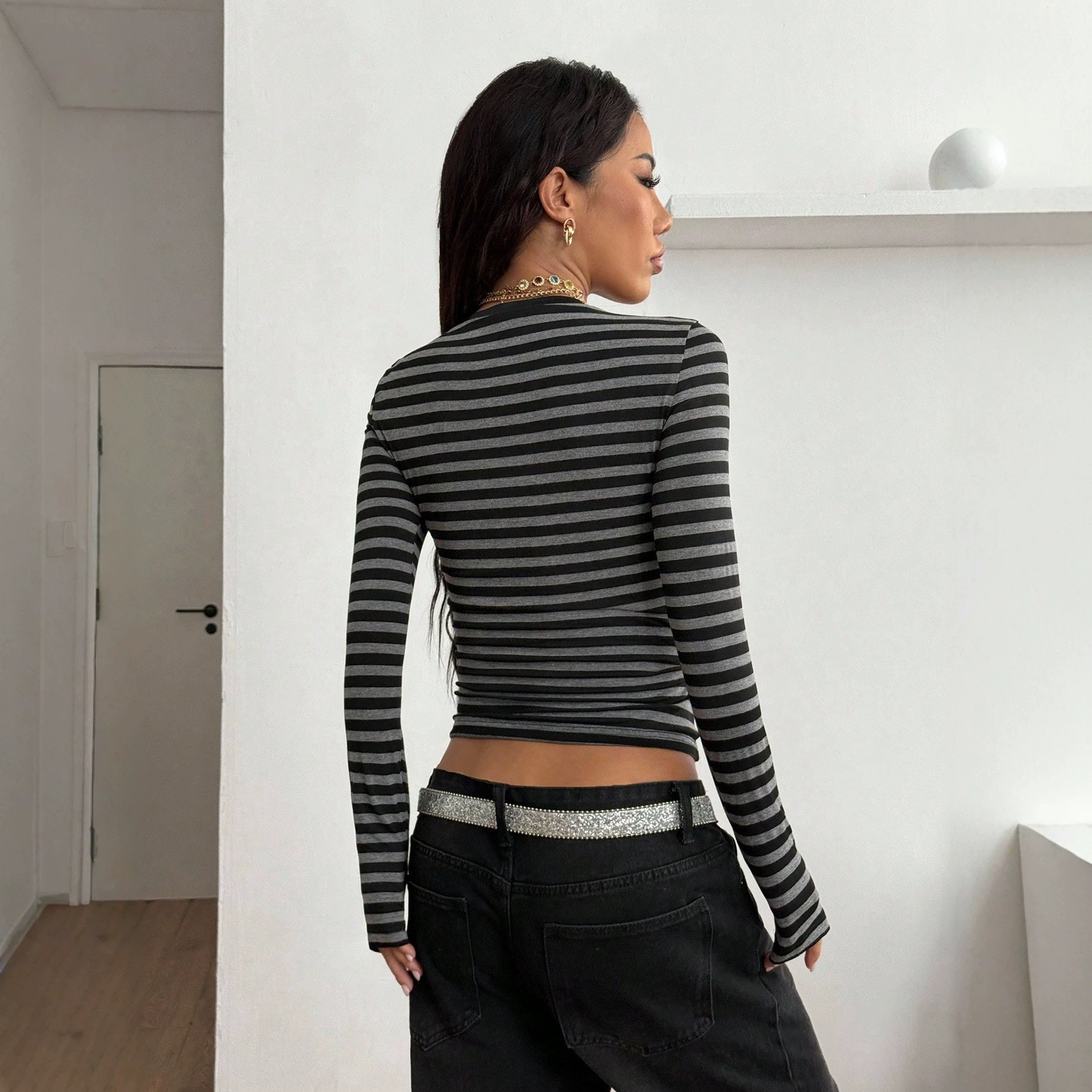 Women's Korean Style Color Block Striped Long Sleeve Round Neck Slim Fit Top For Autumn Winter Base Layer Niche Clothing_ecoleips.com