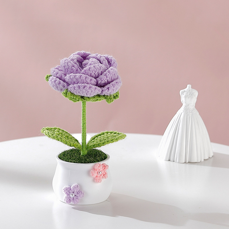 Terminado pequeña olla tejida a mano girasol lirio escritorio coche pequeña decoración regalo de cumpleaños regalo de graduación