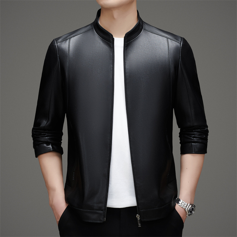 Brand Men's Sheepskin Leather Jacket 26 New Style Business Casual Middle-Aged Dad's Coat Non-Iron Stand Collar Men's Jacket
