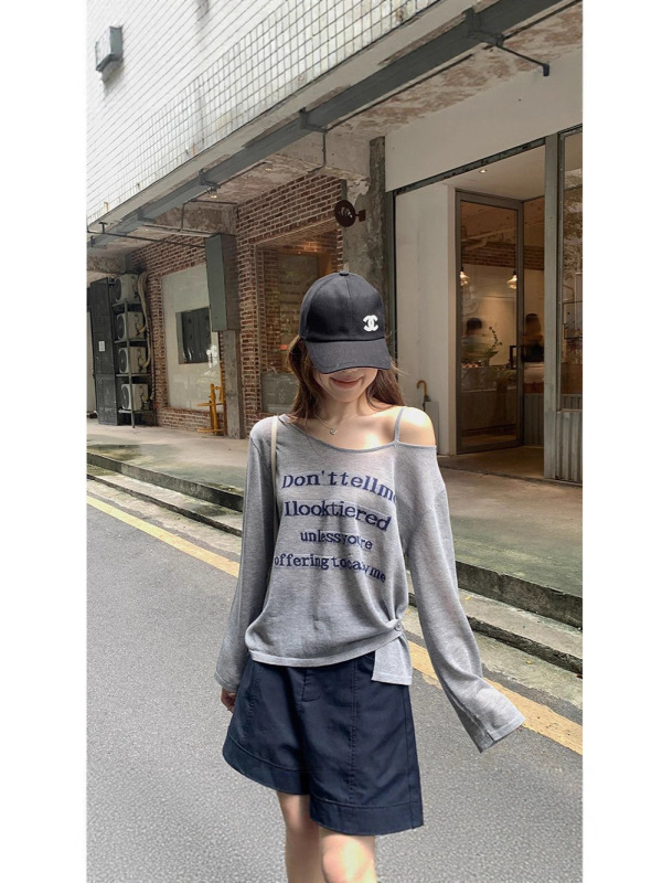【自家工厂现货】慵懒字母斜肩罩衫长袖T恤女夏甜美宽松百搭上衣|undefined
