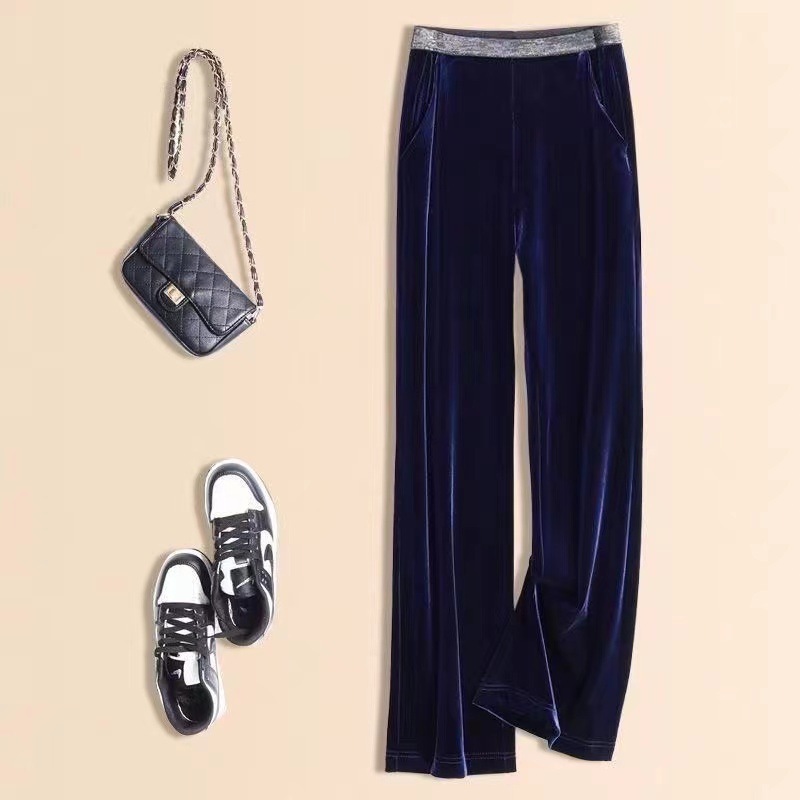 Velvet Wide-Leg Pants for Women, Casual Trousers for Spring & Fall, High-Waisted, Slimming Look, Middle-Aged Women's Trousers, Narrow Straight Trousers