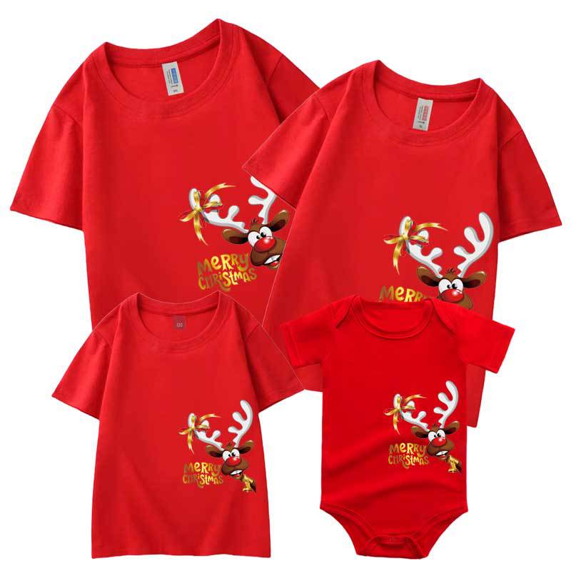 2024 nueva navidad padre-hijo camiseta de manga corta niño mameluco familia cuatro ciervos cabeza ropa de actividad del día de año nuevo