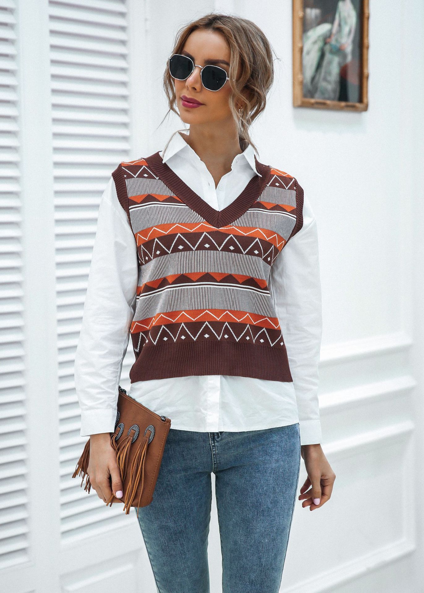 autumn and winter single-breasted sleeveless striped cardigan NSMY22230