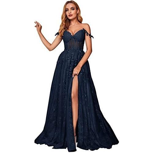Tulle Formal Gowns Women's Flower Lace Applique Long Prom Dresses Suitable for Teenagers Prom Dresses