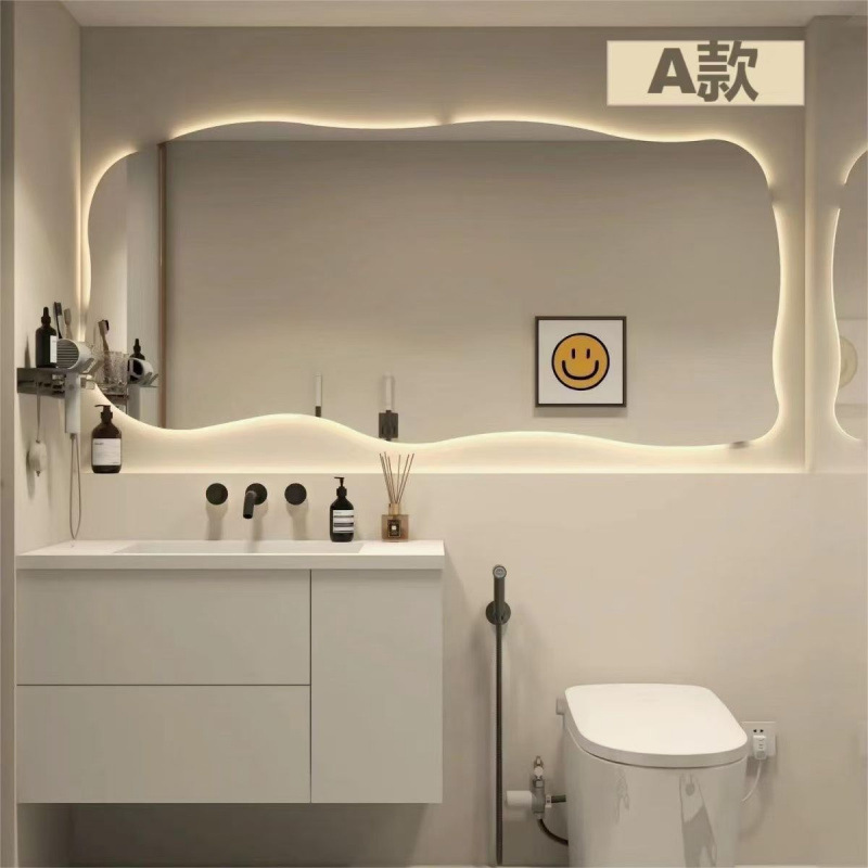 Casual Special-Shaped Asymmetrical Led Mirror Bathroom Makeup Mirror Anti-Fog Touch Screen Wall-Mounted Bathroom Mirror Smart Mirror