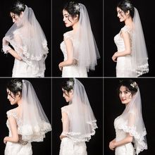頭紗新娘主婚紗頭飾超仙森系結婚蓋頭珍珠短款小道具拍照簡約蕾絲