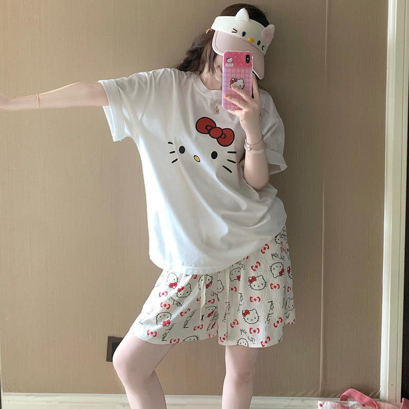 Dibujos animados Hellokitty pijamas estampados mujer 2025 nuevo verano algodón de manga corta pantalones cortos traje de servicio a domicilio