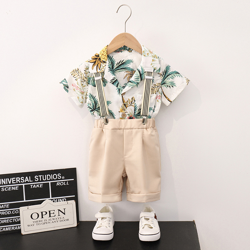 Boys Casual Shirt Summer New Children's Pi Shuai Hong Kong Style Flower Shirt Hawaiian Vacation Style suit Belt Pants