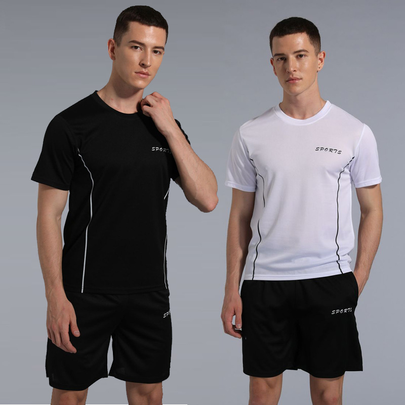 New men's short-sleeved T-shirt shorts set round neck fine mesh leisure fitness breathable sports home wear hair