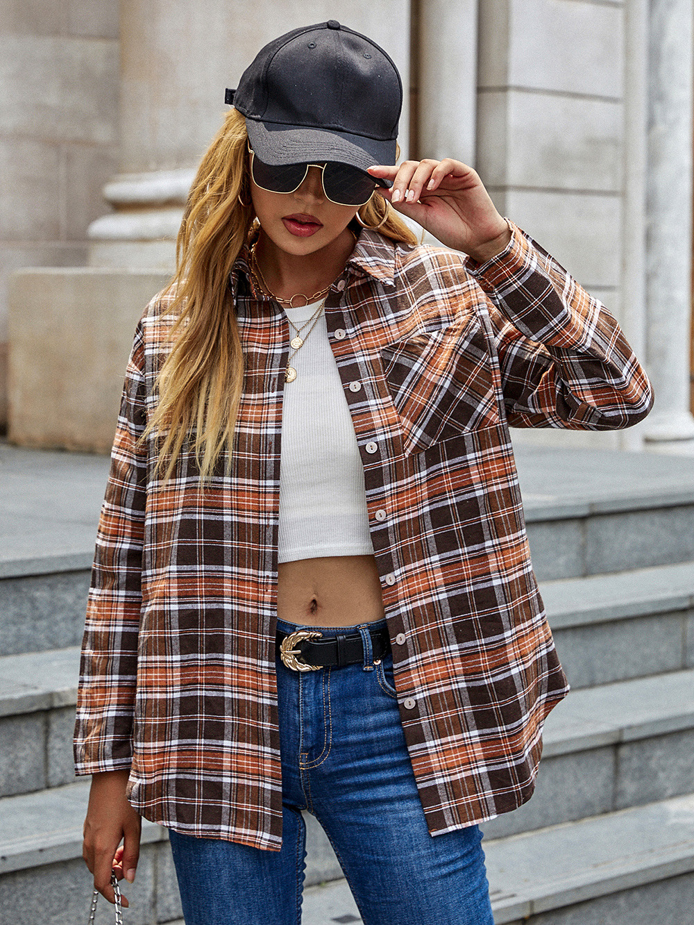 plaid single-breasted lapel casual mid-length long-sleeved shirt jacket nihaostyles wholesale clothing NSDF84891