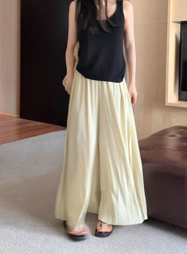 Textured casual trousers for women new retro high waist slim design solid color wide leg skirt pants_voghion.com