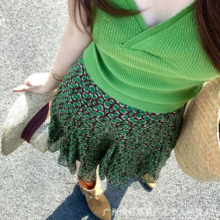 Echone 甜岛Olivia 绿豹纹碎花半身裙新款独特设计感气质中裙女