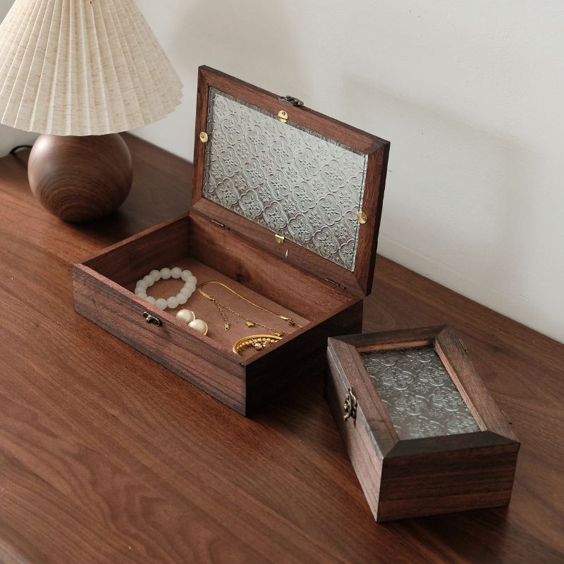Classic retro begonia flower wooden storage box, multifunctional desktop jewelry box, organizer box, dustproof storage box