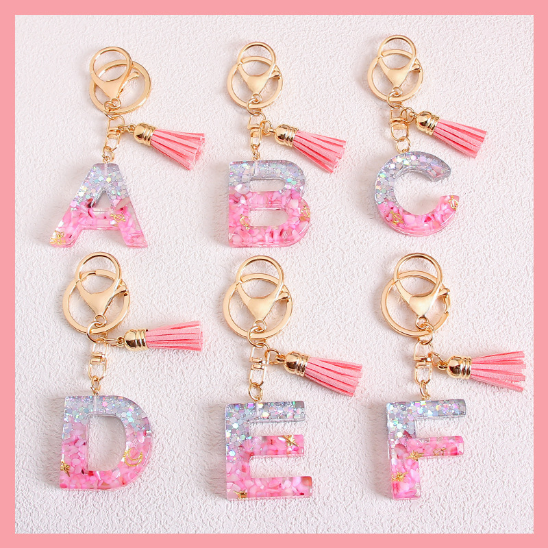 Glitter 26 English Letter Tassel Keychain Pendant Glue Dropping Resin Pendant Simple European and American Personality Key Chain