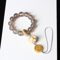 法喜灰瑪瑙蓮花吊墜手機鏈掛件配飾手工雕刻黃楊木蓮花掛件裝飾品