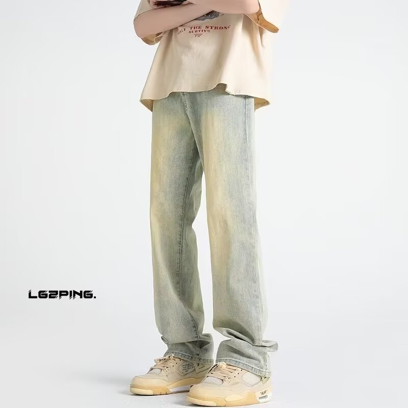 Vaqueros vintage desgastados, marca de moda de otoño para hombres, pantalones anchos de trapeador sueltos rectos y guapos de la calle alta americana