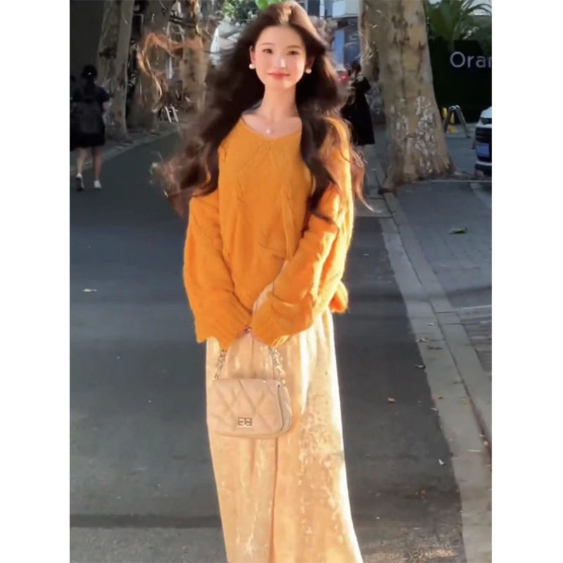 小香风套装2025新款女装秋季慵懒风百搭针织毛衣丝绒半身裙两件套|undefined
