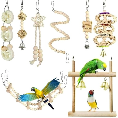 Parrot chewing toys, bird toys, ladder swing, soft ladder, wooden bead spiral staircase, original color 8-piece set