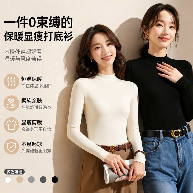 Modal half-high collar base shirt for autumn and winter, suitable for outer wear, with regular shoulders, long sleeves, warm, slim-fitting, elegant women's inner wear