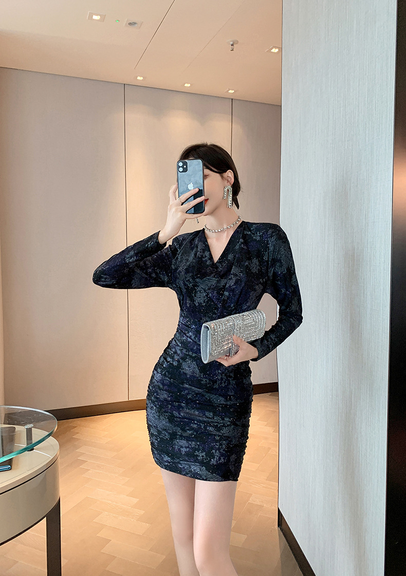 Đầm ôm body nữ cổ cọc Jacquard thêu hoa nhũ — Màu tím đen chi tiết 16