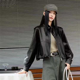 复古两穿PU皮衣外套女秋季新款气质宽松机车服夹克上衣袖子可拆潮