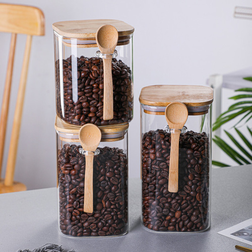 Cross-border supply of high borosilicate square sealed jars, transparent glass storage jars, coffee bean storage jars with spoons