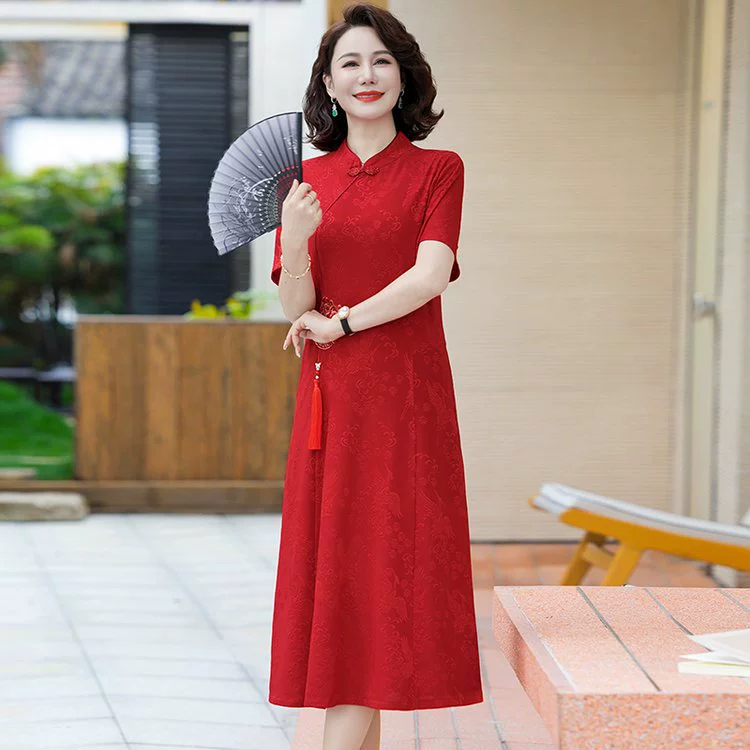 Летнее элегантное платье для мамы 2025 года, новый стиль для женщин 40-50 лет, среднего и старшего возраста, летний стиль, большой размер, короткий рукав, юбка