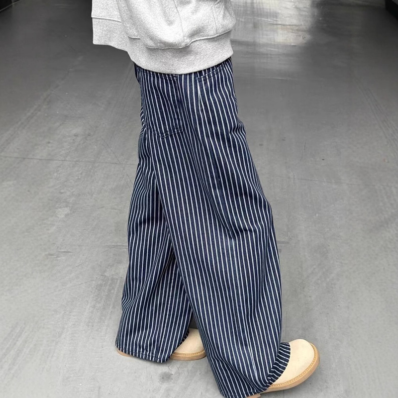 American Street Fashion Men's and Women's Spring and Autumn Vertical Stripe Jeans, Suitable for Couples, Loose Retro, Straight-Leg Casual
