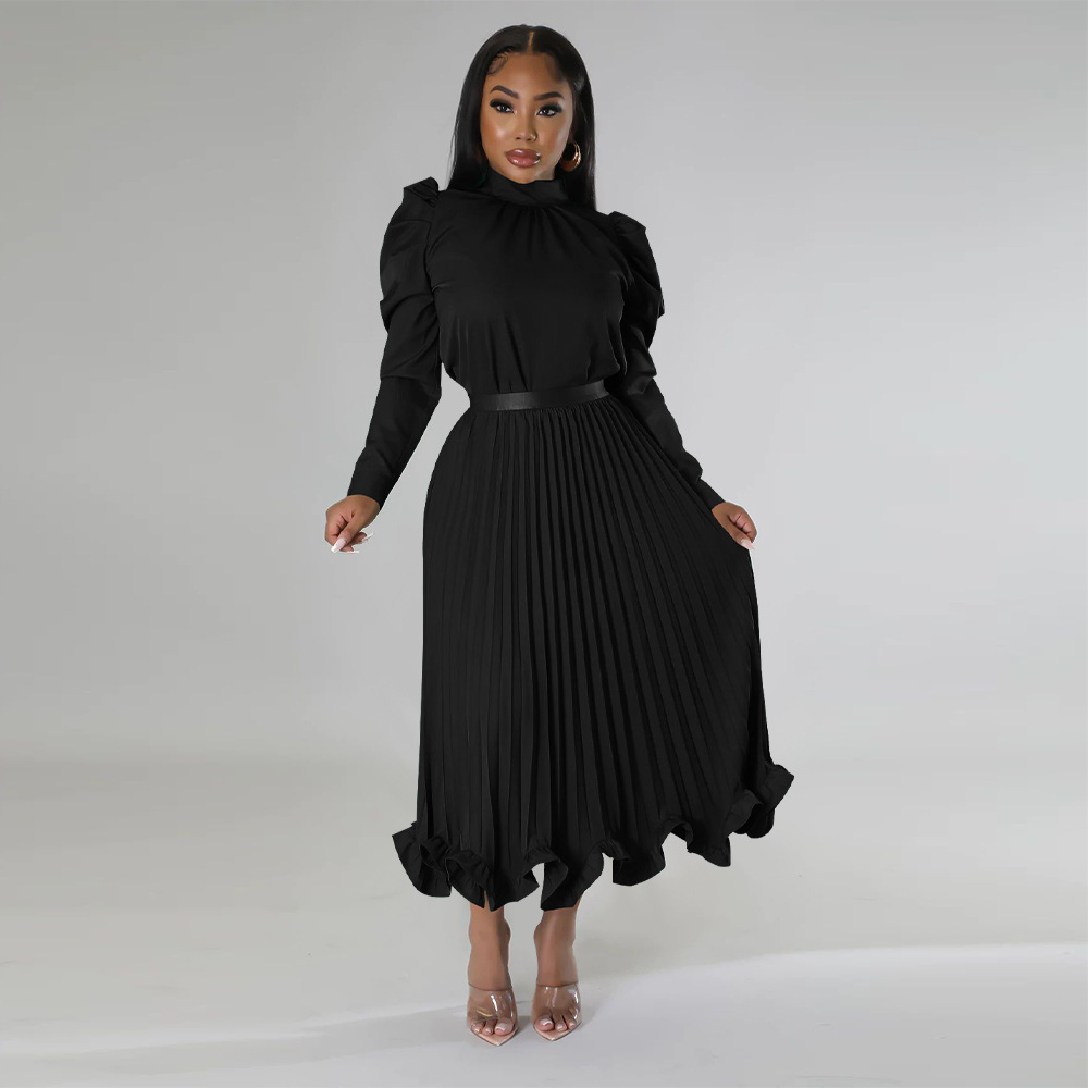 Abbigliamento da donna Top con maniche a sbuffo Gonna plissettata con volant Set due pezzi_voghion.com