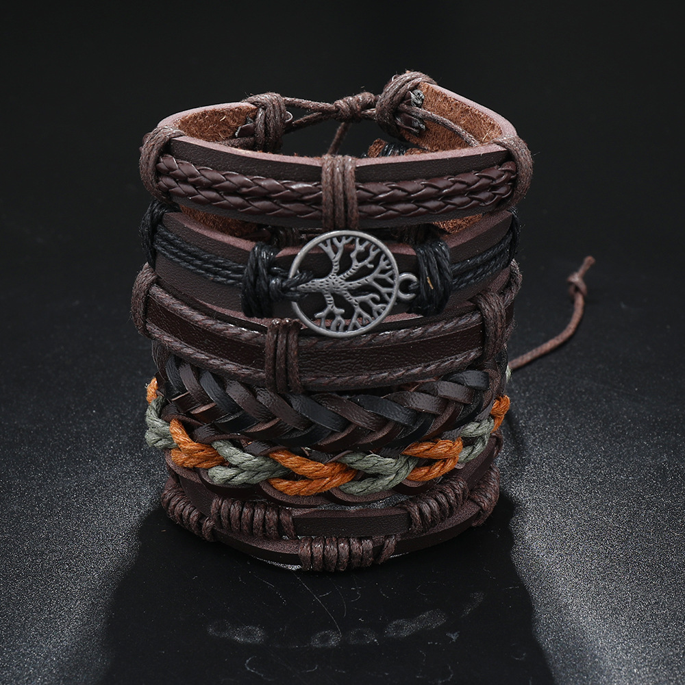 1 Set Quantity Holiday, Daily Occasion Retro Geometric Life Tree Pu Leather Alloy Wax Line Braid Men's Bracelets Drawstring Bracelets Men Cord & Leather Bracelets