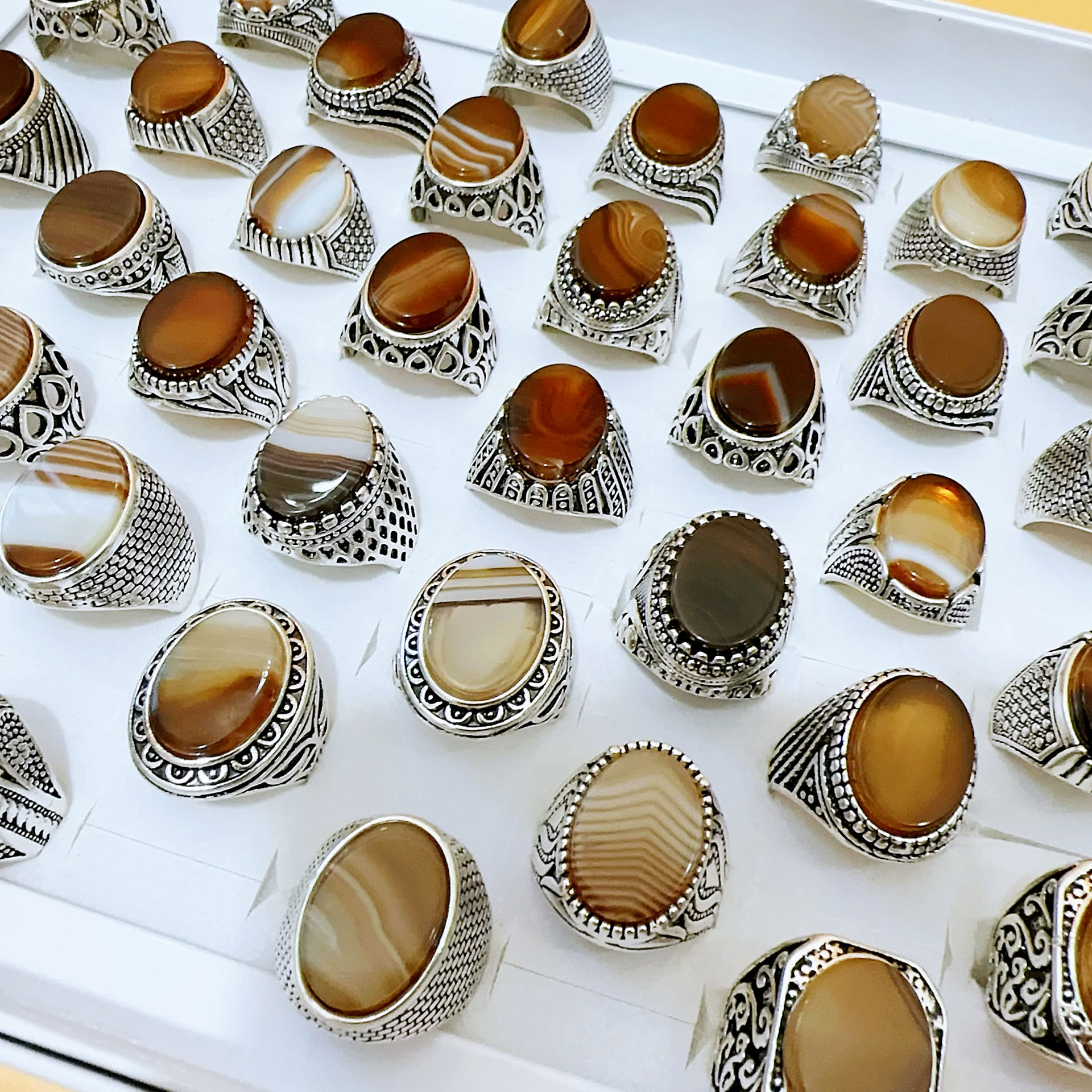 Europe and the United States exaggerated retro export foreign trade plus size men's ring inlaid gemstone coffee agate stone 13*18 men's ring