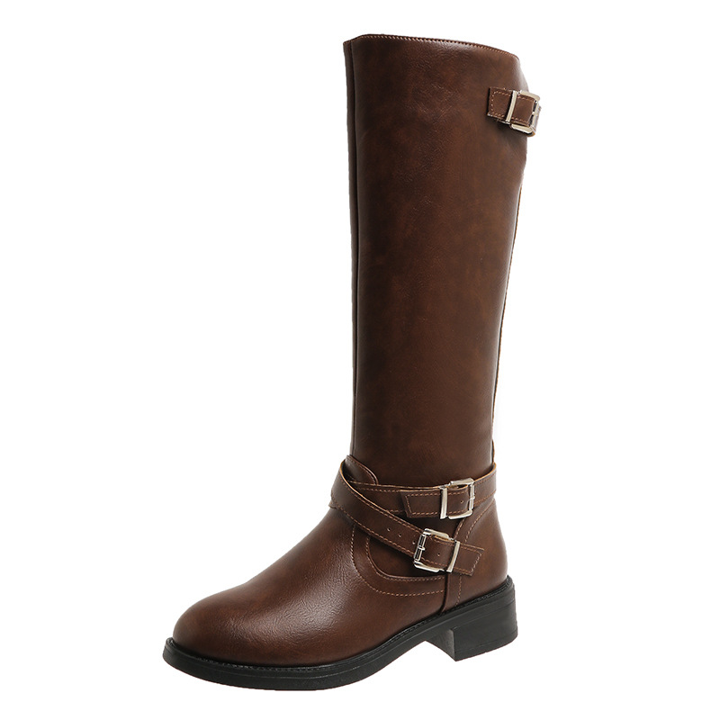 Retro-Overknee-Stiefel mit Blockabsatz, Damen-Herbstmode, Gürtelschnalle, Reitstiefel in großen Größen_voghion.com