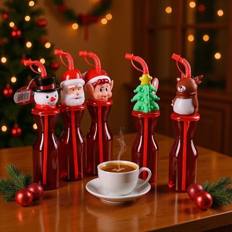 Fábrica directa serie de dibujos animados navideños PET500ML fiesta bebida patio botella taza de paja