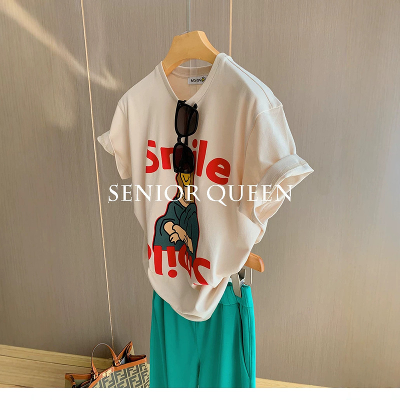 Recommended by Regular Customers! Elegant "Mona Lisa" ~ Korean Style Ins Letter Print Loose Short-Sleeved T-Shirt for Women Summer