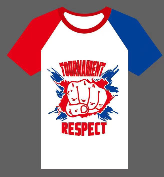 빨간색과 파란색 소매 티셔츠 프린트 주먹