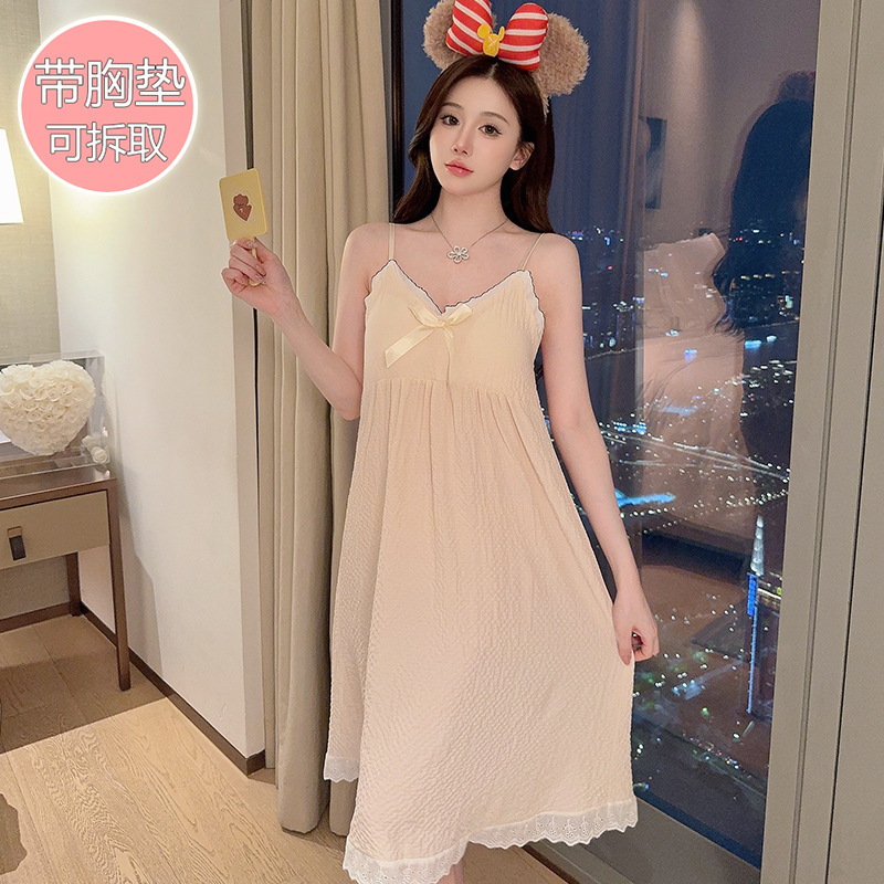 Bubble Wrinkle Pajamas Women's Summer Sweet Princess Style Sling with Chest Pad Mid-length Loose Nightgown Home Wear Outfit