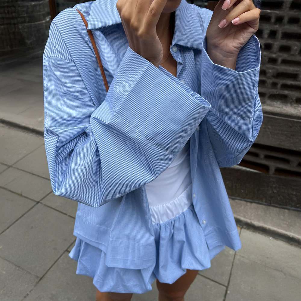 Damenbekleidung: Set aus kariertem Langarmshirt und Tulpenrock – Modisches und lässiges Outfit für Frühling und Sommer_voghion.com