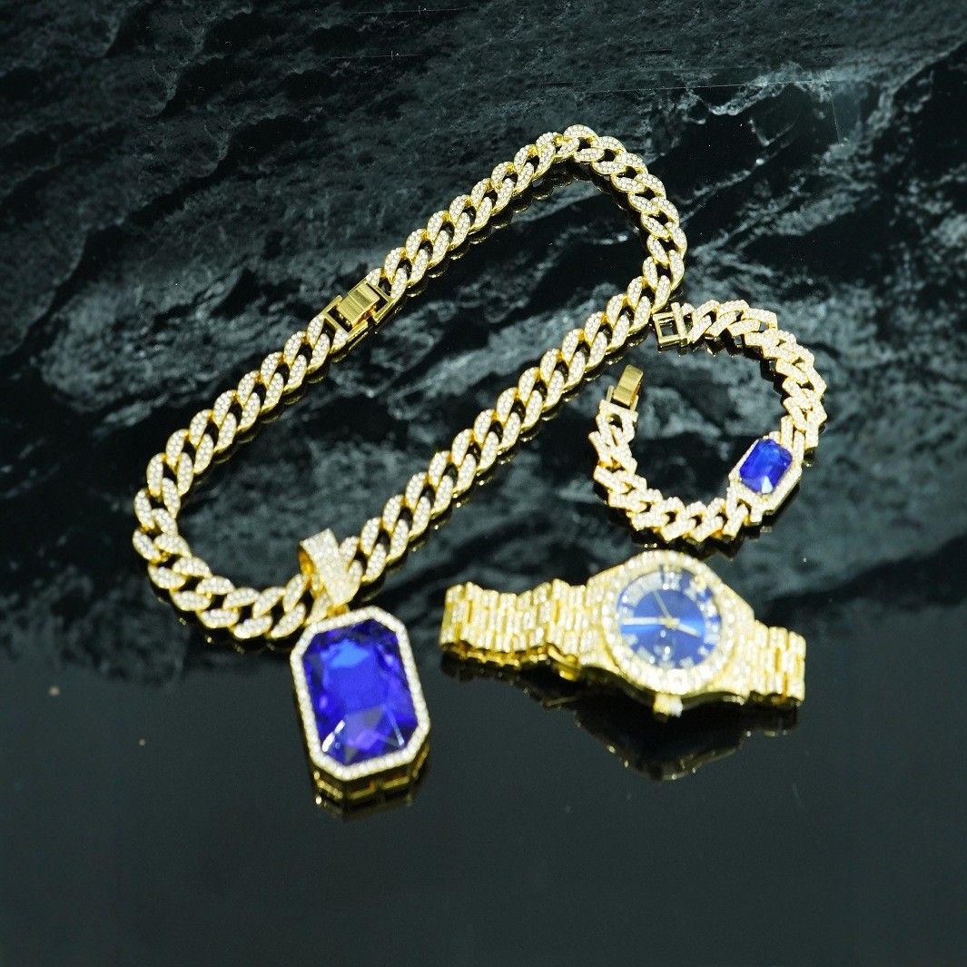 Ventas transfronterizas calientes colgante de aleación de esmeralda roja pulsera collar reloj 5 piezas conjunto de joyas de regalo de alto nivel para hombres