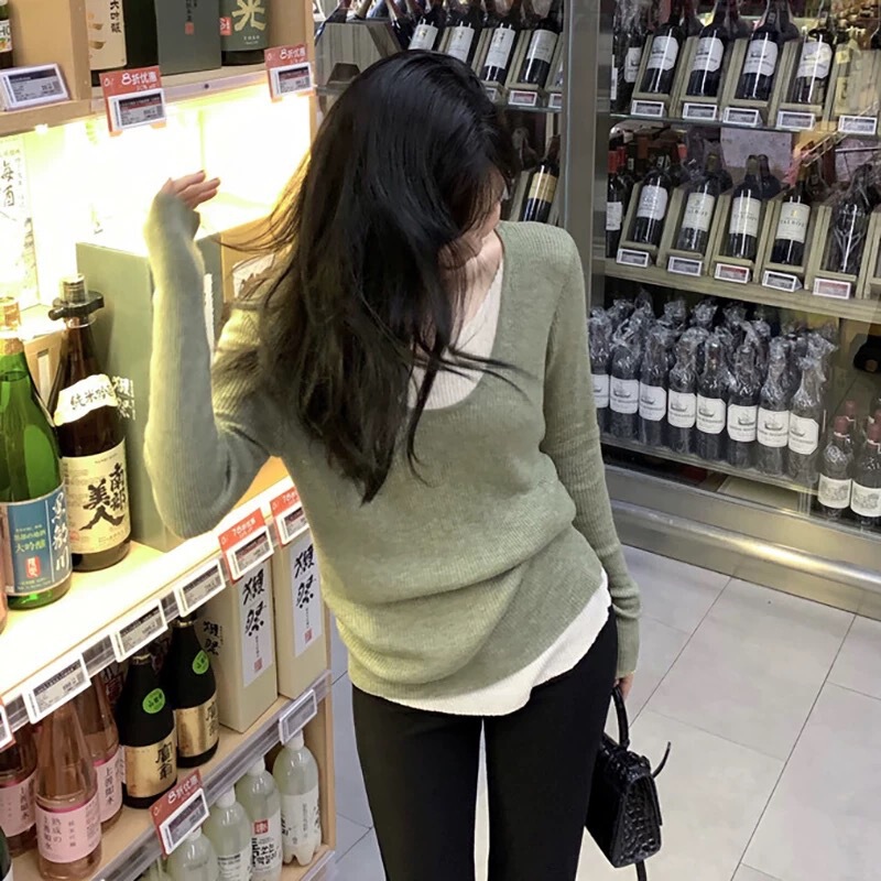 早秋V领假两件上衣不规则针织衫慵懒内搭打底毛衣别致小众上衣|undefined