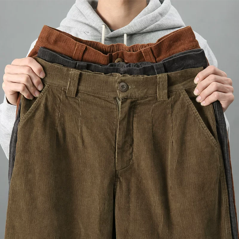 Corduroy cotton trend Japanese retro trousers, with short sleeve