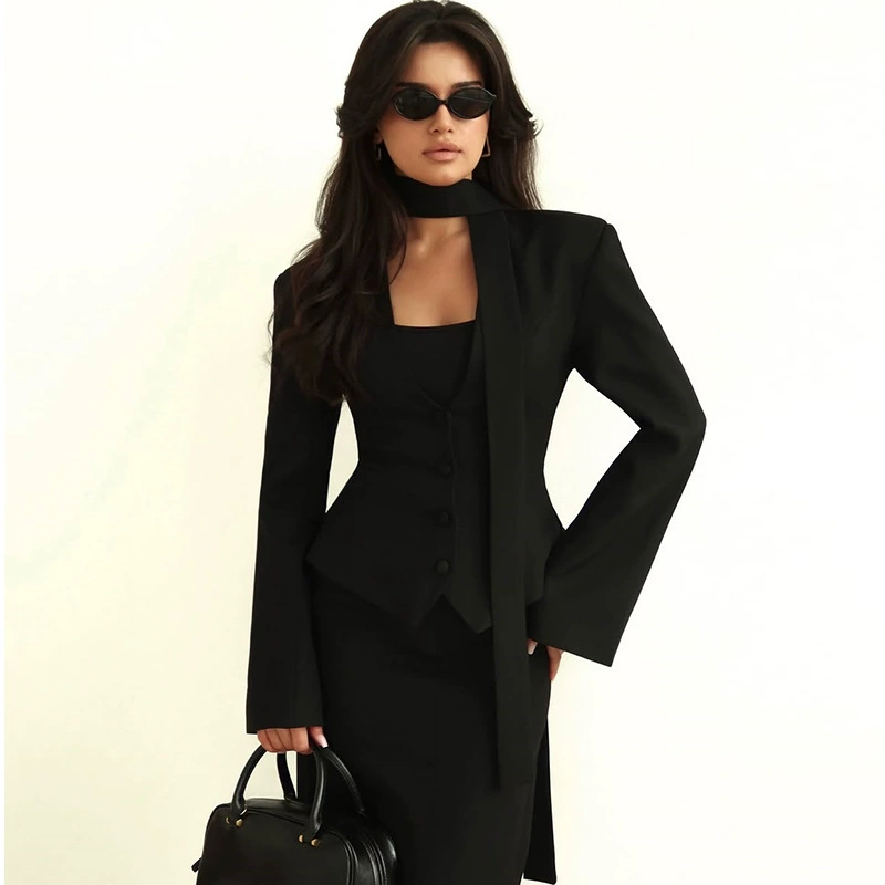 Women's V-neck Jacket with Long Scarf, European City Style, Long Sleeves (S–2XL)