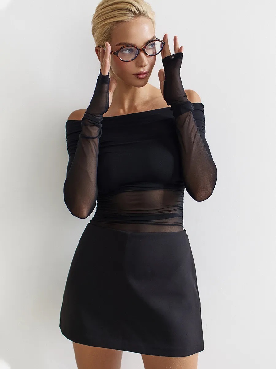 Damen Ein-schulter-netzoberteil Langarm Slim Fit Elegant Sommer_voghion.com