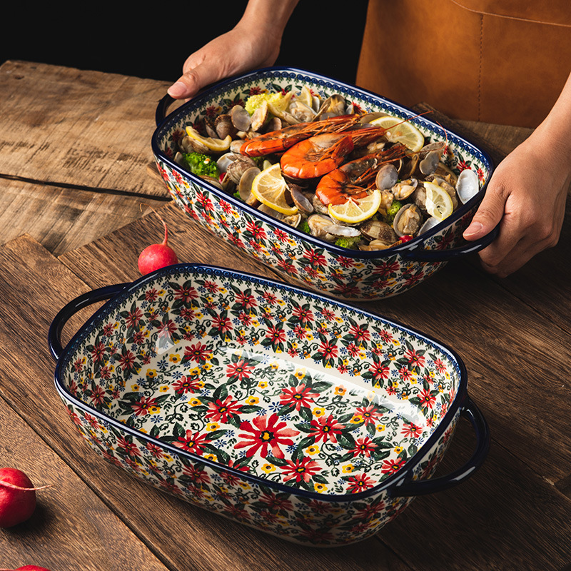 Creative exotic bohemian Polish ceramic large baking pan cheese baked rice household tableware for binaural oven Creative exotic bohemian Polish ceramic large baking pan cheese baked rice household tableware for binaural oven
