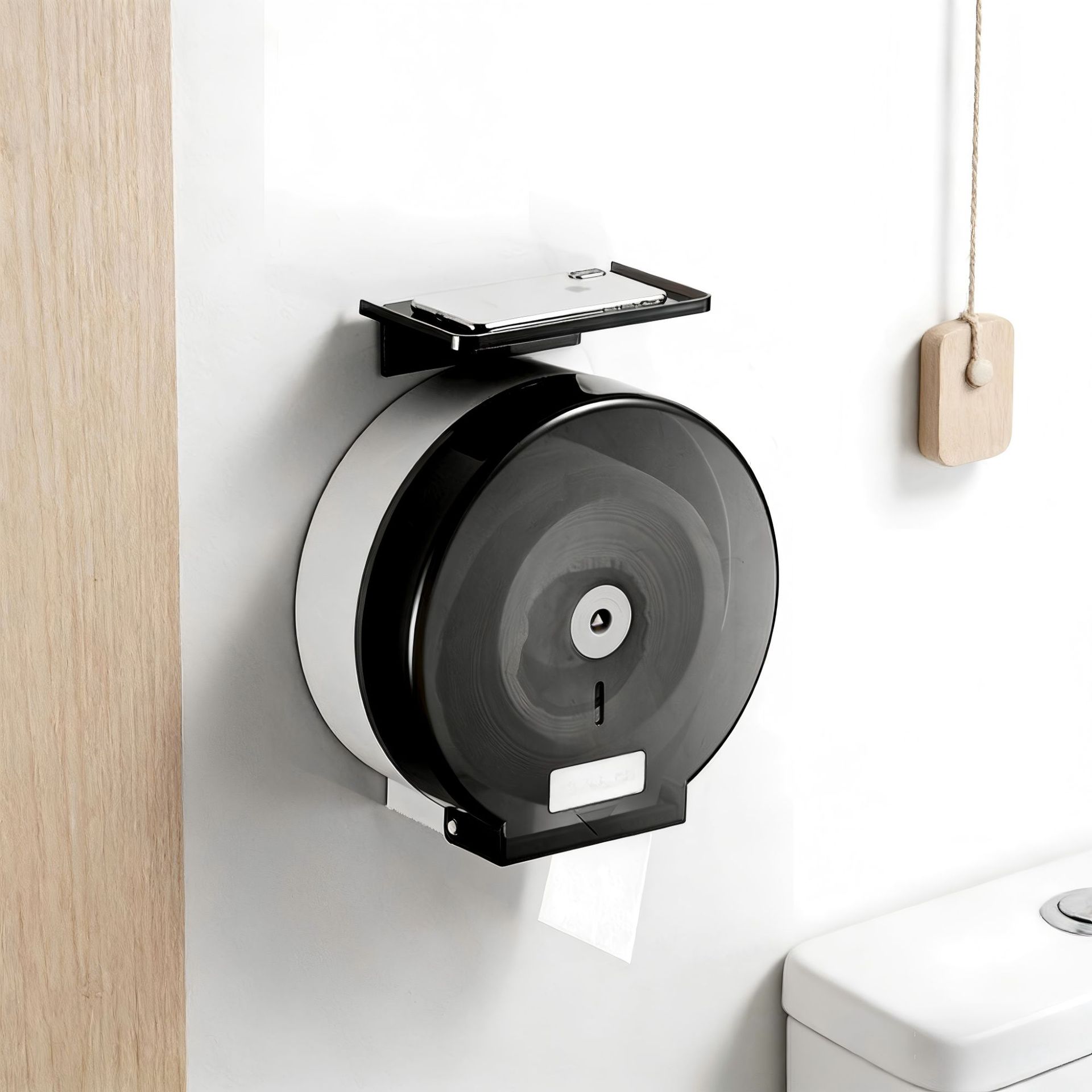 Caja de pañuelos para sala de estar y baño con tapa, soporte de papel higiénico de plástico para montar en la pared, sin necesidad de taladrar.